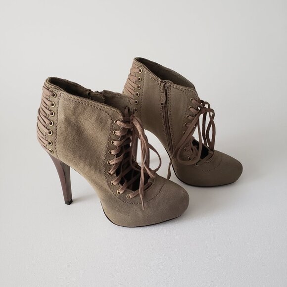 ASH Size 37.5 (US 7) Khaki Side Zipper Lace Up Ankle Boot Heels With Box - Picture 3 of 13